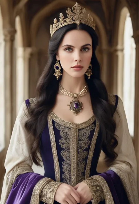 "A beautiful and elegant woman in her late 30s with long, flowing dark hair and captivating black eyes. She is dressed in a sophisticated, high-end medieval gown similar to the one in the provided image, with a black and white color scheme, intricate detai...