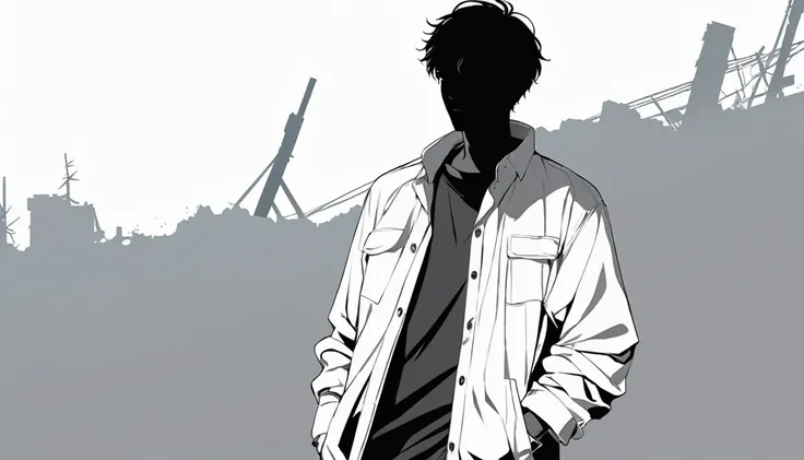 High-resolution anime digital art, Genderless Man, War Survivor Ruin background wearing casual clothes without weapons, minimalist black silhouette, clean white background, high resolution, digital art, vector illustration, black and white color palette