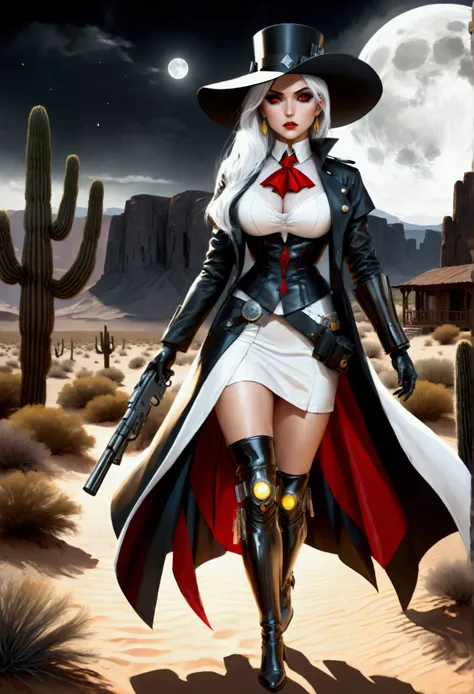 (wild west black and white 19th century photograph style: 1.5) picture of a female vampire cowboy in the desert night, a goth beauty, exquisite beautiful female vampire, ((anatomically correct: 1.5), (ultra detailed face: 1.2), best detailed face, red glow...