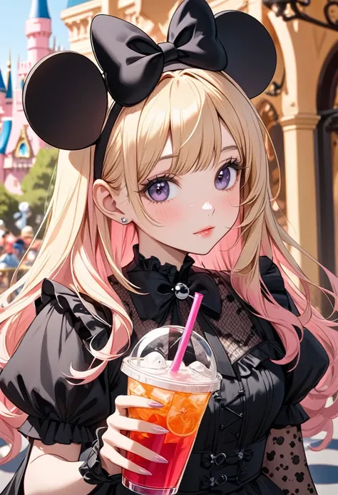 A beautiful girl wearing a Minnie Mouse ears headband, black gothic lolita outfit, one person, pink hair and long blonde hair, holding a stylish drink with a straw, delicate facial structure, perfect hand angle, background is inside Disneyland