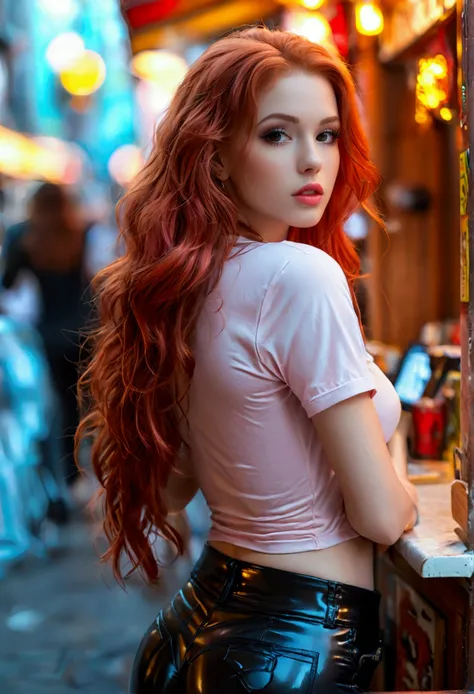 ultra realistic, photography, long red hair, girl, 24 years old, hourglass figure, perfect body, small breasts, Flirty look, extremely detailed artgerm, in the style artgerm, facing the camera, lens 35 mm, blur background, standing on the street, behind a ...