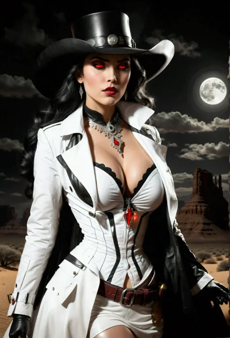 (wild west black and white 19th century photograph style: 1.5) picture of a female vampire cowboy in the desert night, a goth beauty, exquisite beautiful female vampire, ((anatomically correct: 1.5), (ultra detailed face: 1.2), best detailed face, red glow...