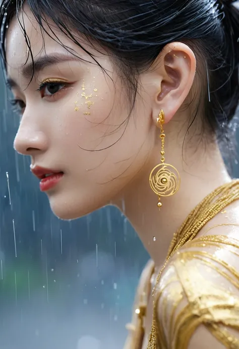 Gold Tattoo，Girl with gold earrings in the rain, Using VRay tracking style, Martin, yuumei, Inverted, close up, Dark white and gold, sketch, masterpiece, best quality,