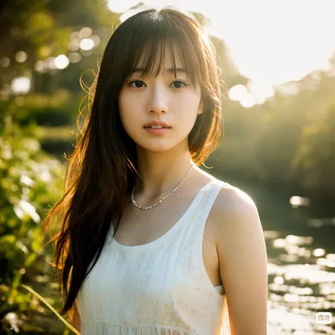 Beautiful Japanese Princess Teenage Girl, Under 17, cute, sweet, gorgeous, Wearing a tank top, Translucent white skin, Long Hair, 超Realな写真, Trending on Flickr, trending on pinterest,  Highly detailed and exquisite, Real, Genuine, Genuineそっくり, Genuine, natu...