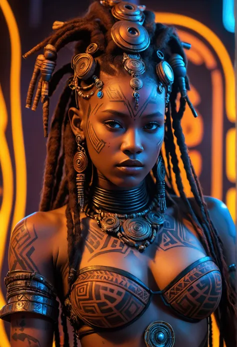 detailed cinematic photography of Beautiful teen cyberpunk techno female shaman, Himba tribal corsetry outfit, tribal tattoos, a beautiful cyberpunk cell, posing for Maxim magazine cover, neon lit, iabstract beauty, near perfection, pure form, intricate de...