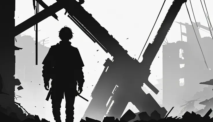 High-resolution anime digital art, Genderless Man, Civilian, War Survivor, Ruin background, minimalist black silhouette, clean white background, high resolution, digital art, vector illustration, black and white color palette