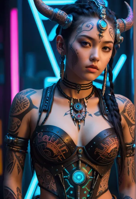 detailed cinematic photography of Beautiful teen cyberpunk techno female shaman, tribal corsetry outfit, tribal tattoos, a beautiful cyberpunk cell, posing for Maxim magazine cover, neon lit, iabstract beauty, near perfection, pure form, intricate detail O...