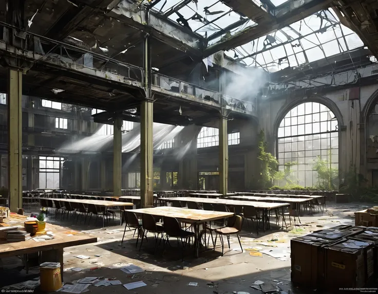 Create concept art for the location "headquarters in an abandoned restaurant" in the style of urban post-apocalypse, Large-scale battles are taking place in the metropolis of New York, most of the city is in ruins, the rebels set up a temporary military he...