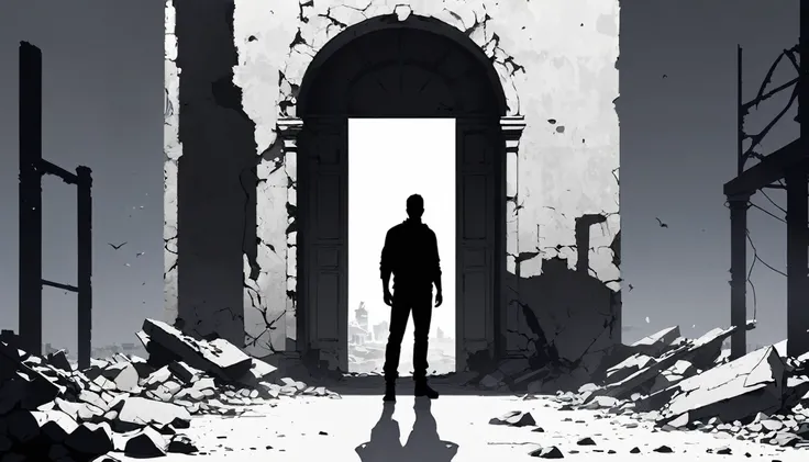 High-resolution digital art, Man, Civilian, Survivor, Ruin background, minimalist black silhouette, clean white background, high resolution, digital art, vector illustration, black and white color palette