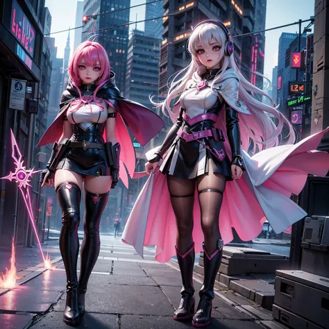 a stunning magical girl in a cyberpunk world, beautiful detailed eyes, beautiful detailed lips, extremely detailed face, long eyelashes, girl with a cute heart-shaped magic wand, hooded cape, wearing a headset, idol-like cyberpunk outfit, white thigh-high ...