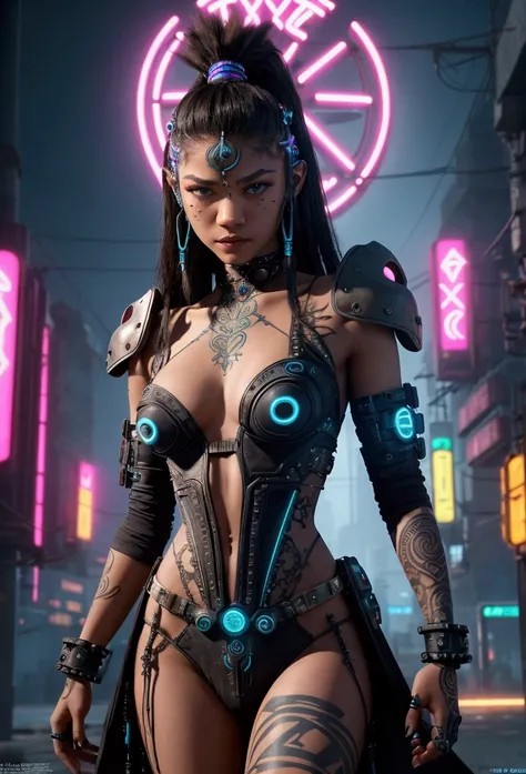 detailed cinematic photography of Beautiful teen Zendaya as cyberpunk techno female shaman, tribal corsetry outfit, tribal tattoos, a beautiful cyberpunk cell, dynamic pose,  posing for Maxim magazine cover, neon lit, iabstract beauty, near perfection, pur...