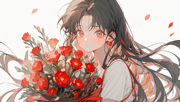 Soft lines、girl、Black Hair、Straight Long Hair、((((Hold Light Red Bouquet))))、💐💐💐💐💐💐💐💐💐💐💐、Upper Body、whiteＴshirt、White Background、front、look at me