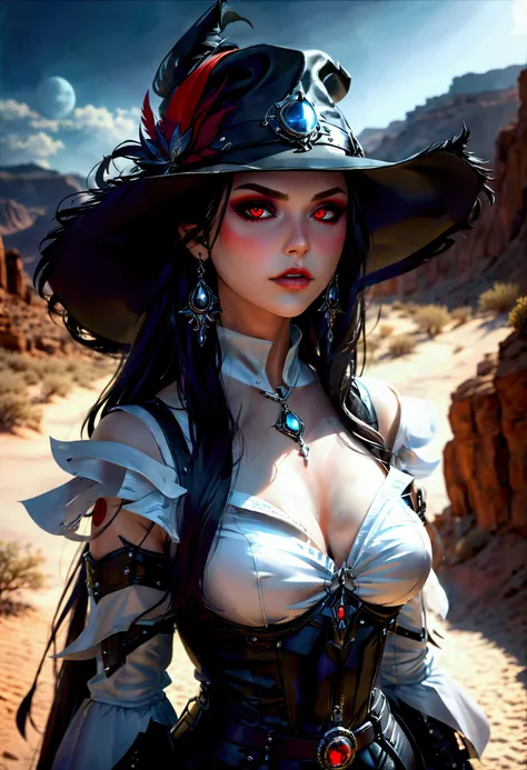 (wild west black and white 19th century photograph style: 1.5) picture of a female vampire cowboy in the desert night, a goth beauty, exquisite beautiful female vampire, ((anatomically correct: 1.5), (ultra detailed face: 1.2), best detailed face, red glow...