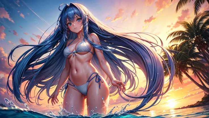 best quality, highres, absurdres, ultra-detailed, anime girl with long blue hair, wearing a revealing white bikini, standing in shallow water at a beautiful beach during sunset. The golden light reflects off the water, and the girls hair flows gracefully i...