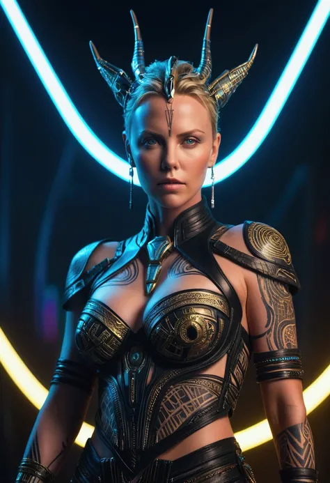 detailed cinematic photography of Beautiful teen Charlize Theron as cyberpunk techno female shaman, tribal corsetry outfit, tribal tattoos, a beautiful cyberpunk cell, dynamic pose,  posing for Maxim magazine cover, neon lit, iabstract beauty, near perfect...