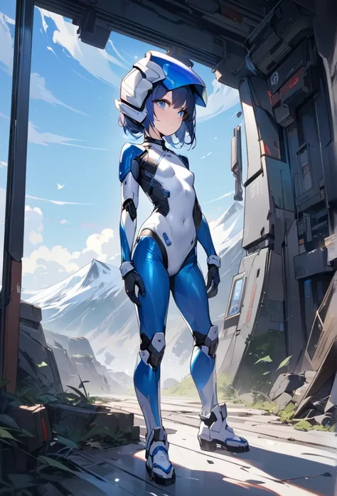 (masterpiece, Highest quality, Highest Resolution, clear_image, Detailed explanation): (alone, Lonely Girl, The Face of Japan, Blue Hair Girl, Shortcuts, Full body portrait, Small breasts, Sparkling blue eyes, Metallic white and blue pilot suit, Tight fitt...