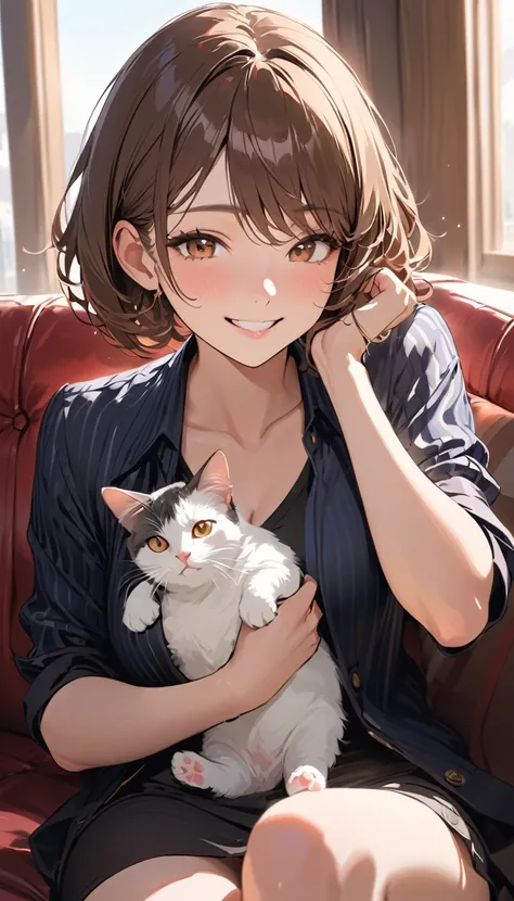 super detail, best quality, a woman , Brown short hair, smile, Stylish clothing,  (Sitting on the couch), Holding a cat on one&#39;s lap