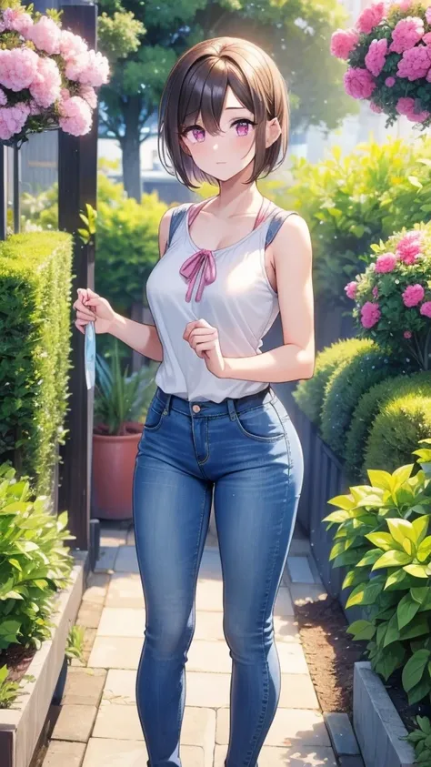 a 30 year old anime woman, short hair, pink eyes, medium chest, athletic body, dressed in a small light blue blouse showing her ...