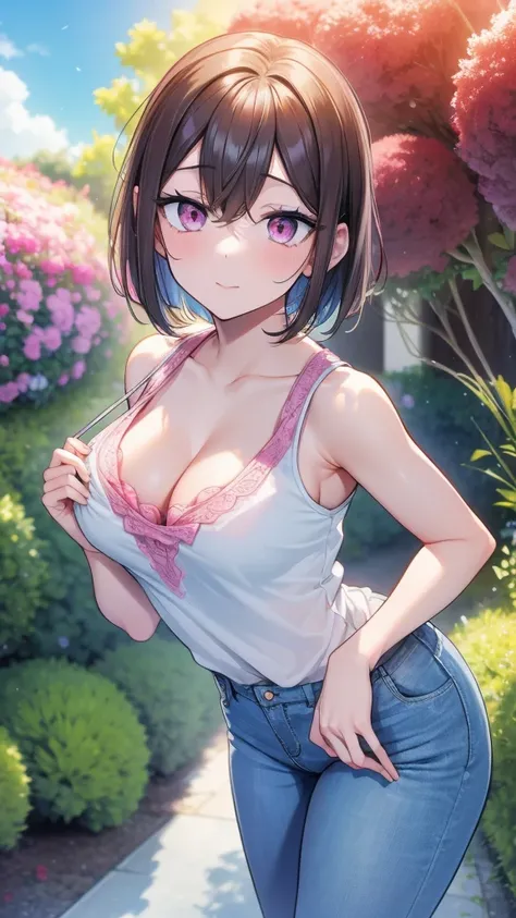 A 30 year old anime woman, short hair, pink eyes, medium chest, athletic body, dressed in a small light blue blouse showing her shoulders, blue jeans, posing in a garden of plants