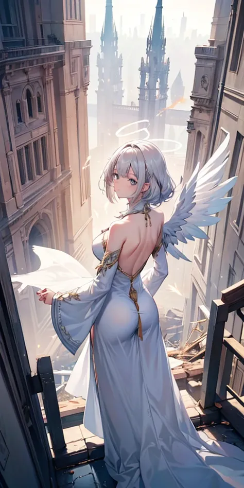 a (Rear view:1.5) A very beautiful female angel(Long platinum blonde hair, Wide back white dress,(There are beautiful big angel wings on the chest),Very beautiful shiny halo), She gently opened her arms，Seeking redemption, She is above the clouds, looking ...