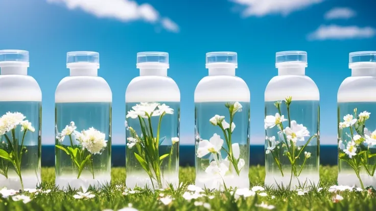 Beautiful white flowers are blooming in the background. Transparent cosmetic bottles are lined up in front. Transparent cosmetic bottles. The image is created in landscape orientation.