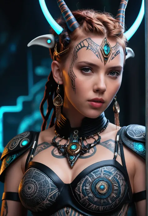 detailed cinematic photography of Beautiful teen Scarlett Johansson as cyberpunk techno female shaman, tribal corsetry outfit, tribal tattoos, a beautiful cyberpunk cell, dynamic pose,  posing for Maxim magazine cover, neon lit, iabstract beauty, near perf...