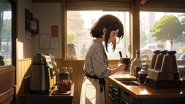 Girl listens to making coffee in a coffee shop,2D anime style, The morning air was clear. ,Warm atmosphere,