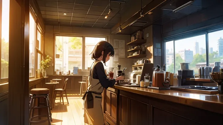 Girl listens to making coffee in a coffee shop,2D anime style, The morning air was clear. ,Warm atmosphere,