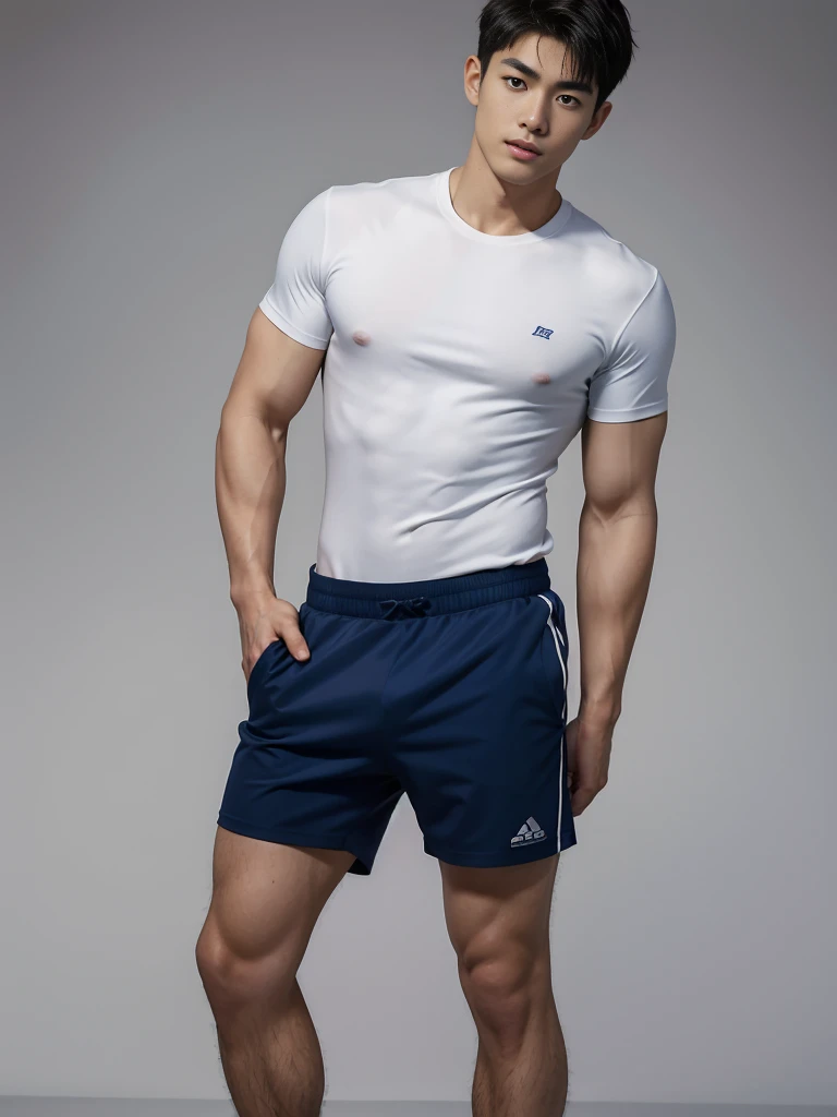 1 Handsome  naked Japanese guy ，Sexy pose, A 20 year-old man wearing a Bare chest shirt and Excellent shorts stands against a white background, navy Blue, navy Blue, Sports T-shirt, Blue, Excellent Sportswear, Gorgeous and sexy clothes, Sportswear, Short s...