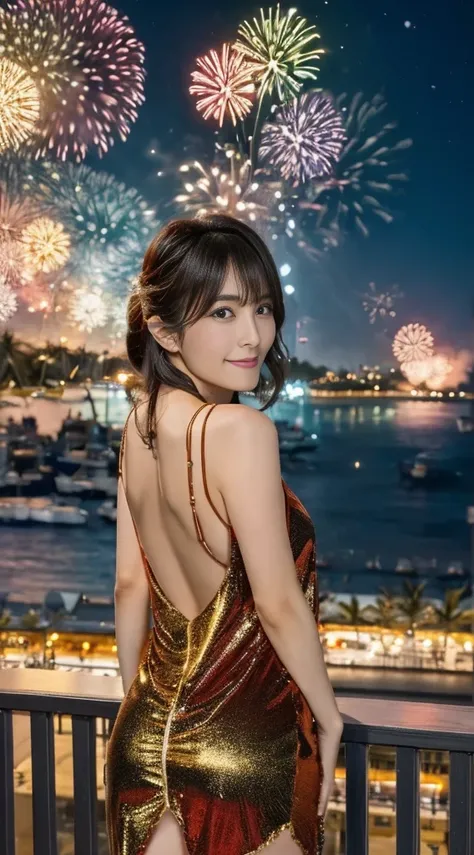 (((Masterpiece，Highest quality，Highest quality，8k，16K))，((Ultra-high resolution，Super detailed)))，Japanese，beautiful girl，sexy，glamorous，Golden Ratio Style，Camisole dress，night，Tropical Beach，Fireworks display，Fireworks、((Tropical BeachにてFireworks displayの...