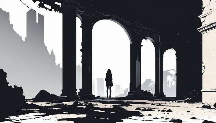 High-resolution digital art, (Ruin background:1.1), No one people around, minimalist black silhouette, clean white background, high resolution, digital art, vector illustration, black and white color palette