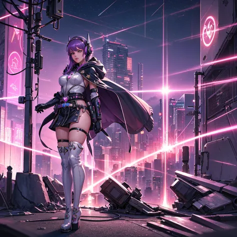 a stunning magical girl in a cyberpunk world, beautiful detailed eyes, beautiful detailed lips, extremely detailed face, long eyelashes, girl with a cute heart-shaped magic wand, hooded cape, wearing a headset, idol-like cyberpunk outfit, white thigh-high ...