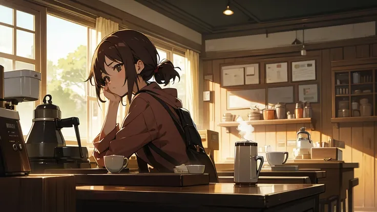 Girl listens to making coffee in a coffee shop,2D anime style, The morning air was clear. ,Warm atmosphere,