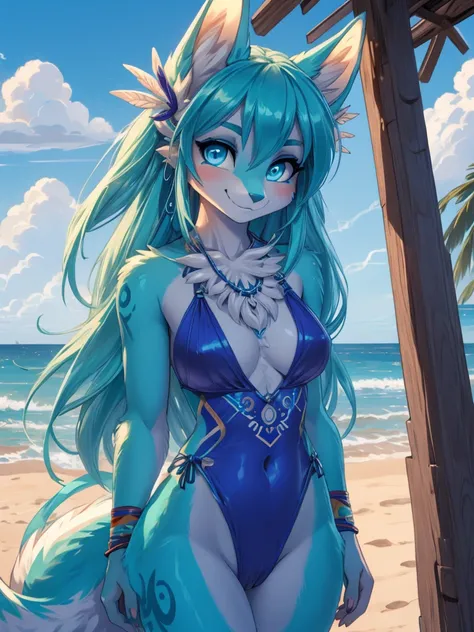 Miku Hatsune, cuerpo aqua&blanco add_detai:1, peludo, orejas de kitsune,((piersings)), arete en el ombligo, tatuajes tribal add_detail:1, ropa tribal, paisaje de playa, Eclipse, sensual swimsuit, hincada en la playa, cara sonrojada, feliz, happy girl. Blue...