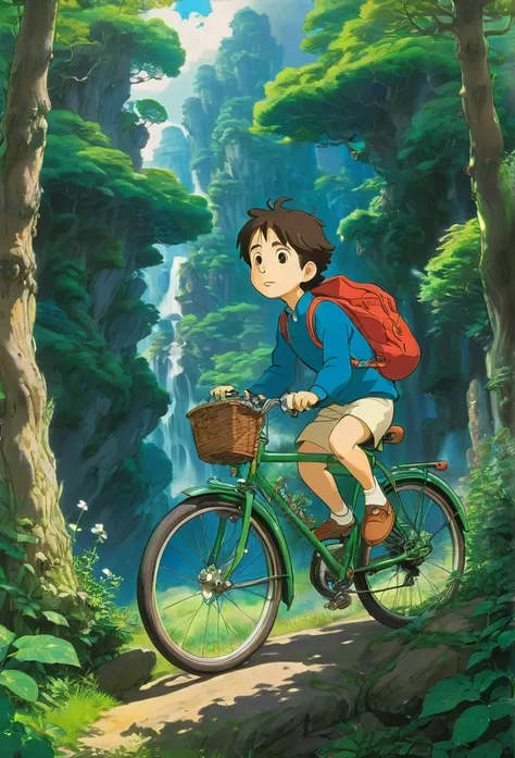 Studio Ghibli, Highest quality, masterpiece, so beautiful, Perfect composition, Intricate details, Highly detailed young man　Pedalling a bicycle