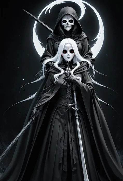 digital art, anime of beautiful girl as the death, the death in black hoodie cloack, long robe, iconic stance, skull face, long ...