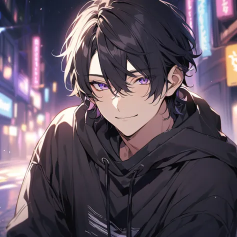 ikemen with gentle smile, purple eyes, black short hair, black sweatshirt, looking at camera