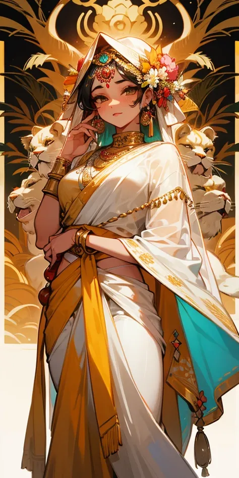 Hot sexy hindu female gods outfit white sari and nearby lion and hand with flowers full face beautiful hd