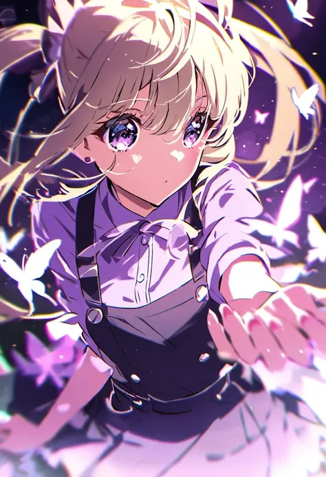 one，Sing，Purple hue overall，blonde，Bangs between the eyes, Long double ponytail，Purple Eyes，Beautiful eyes，
Pure black skirt，Suspender Skirt，There are butterflies flying around，Side of the character, German-style tilt lens, lens flare, Light Effect, 