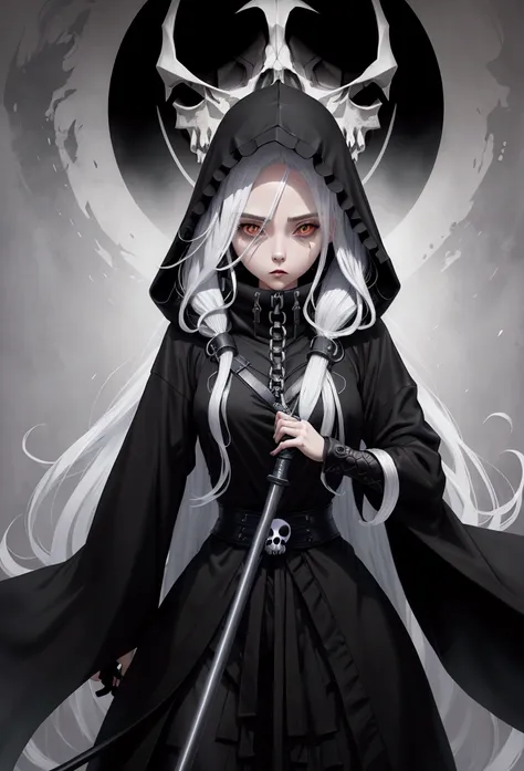 digital art, anime of beautiful girl as the death, the death in black hoodie cloack, long robe, iconic stance, skull face, long ...