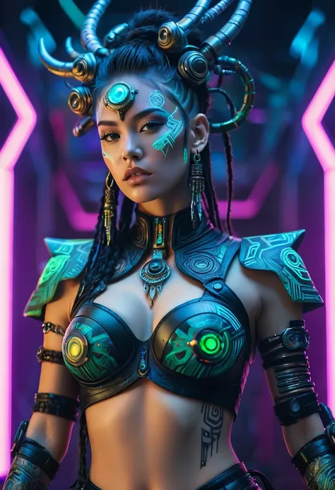 detailed cinematic photography of Beautiful teen  cyberpunk techno female shaman, tribal corsetry outfit, tribal tattoos, a beautiful cyberpunk cell, dynamic pose,  posing for Maxim magazine cover, neon lit, iabstract beauty, near perfection, pure form, in...