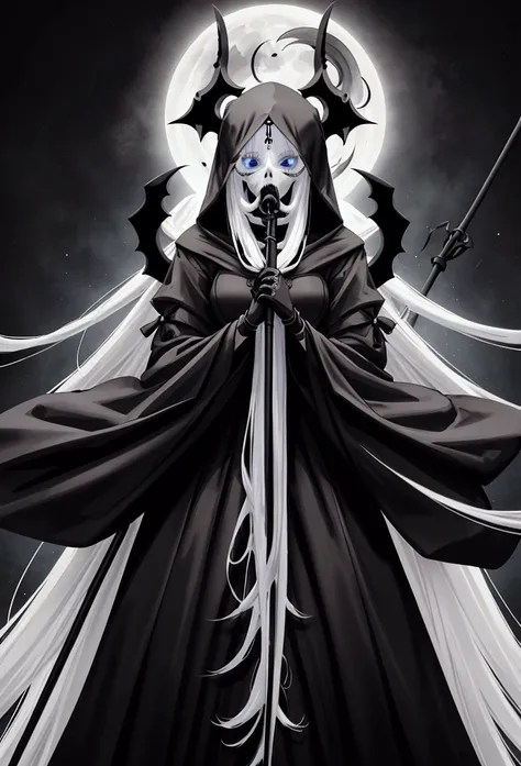 digital art, anime of beautiful girl as the death, the death in black hoodie cloack, long robe, iconic stance, skull face, long ...