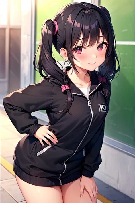 cute, girl, elementary school student, black hair, twin tails, school track suit, blush, smile, small bust, see-tits