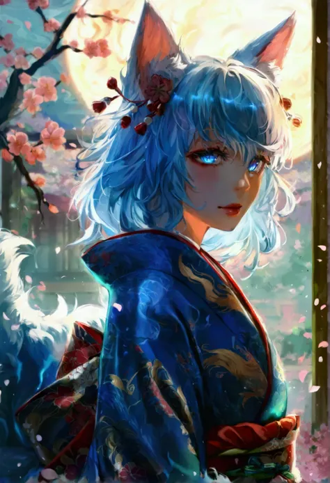 fox Light blue hair 　beast girl　indigo fur　fox beast girl　fox Light blue hair 　beast girl　indigo fur　fox beast girl　Wallpaper 4k,8k,highly detailled,,vivid colors,detailed kitsune with 9 tails,traditional Japanese artwork,tatami floor,beautiful cherry blos...