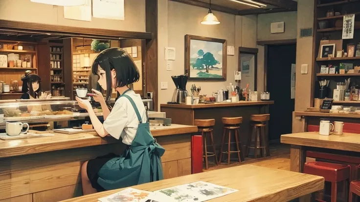 Girl listens to making coffee in a coffee shop,2D anime style, The morning air was clear. , Draw a line, ink painting, Osaka Road, Watercolor painting, gouche paint, Studio Ghibli Style, Very bright colors,