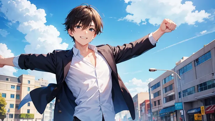 Raise your fist　office Street　blue sky　smile　Full of motivation　Young Man　White shirt　high quality　masterpiece