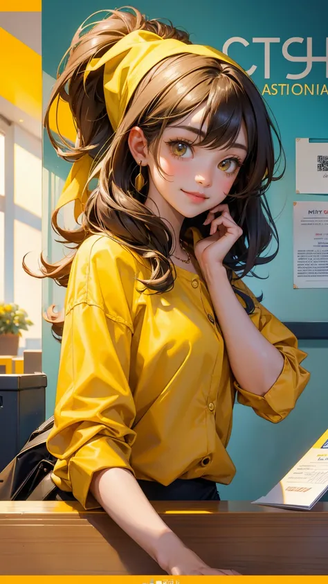 a cute girl with mile with open happy face, in City hall at reception desk, receptionist hold her card with her image, city hall text on wall, yellow color city hall background, 