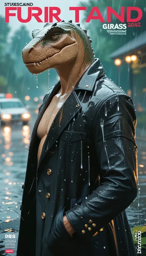 Fashion Magazine Cover,Fierce Tyrannosaurus(Wearing a black trench coat),,(No humans),E7E48U，Wet body，rain, Background grassland