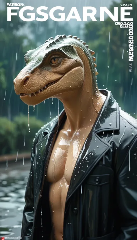 Fashion Magazine Cover,Fierce Tyrannosaurus(Wearing a black trench coat),,(No humans),E7E48U，Wet body，rain, Background grassland