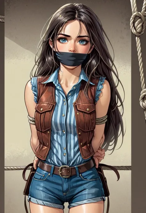 1girl, cowgirl, long hair, shirt, vest, jean shorts, holster, arms behind back, ropes, shibari over clothes, otm gag, portrait, ...